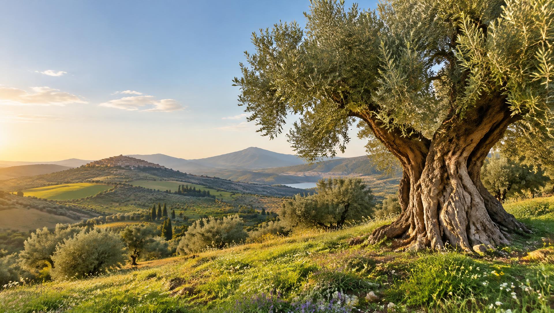 Paesaggio illustrativo di un uliveto siciliano al sole
